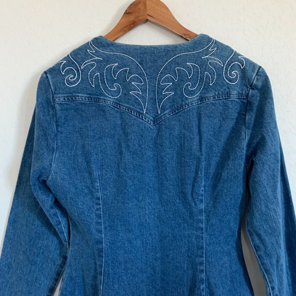 New Avec Les Filles Western Embroidered Long Sleeve Denim Rodeo Minidress Size 8 - Picture 11 of 12